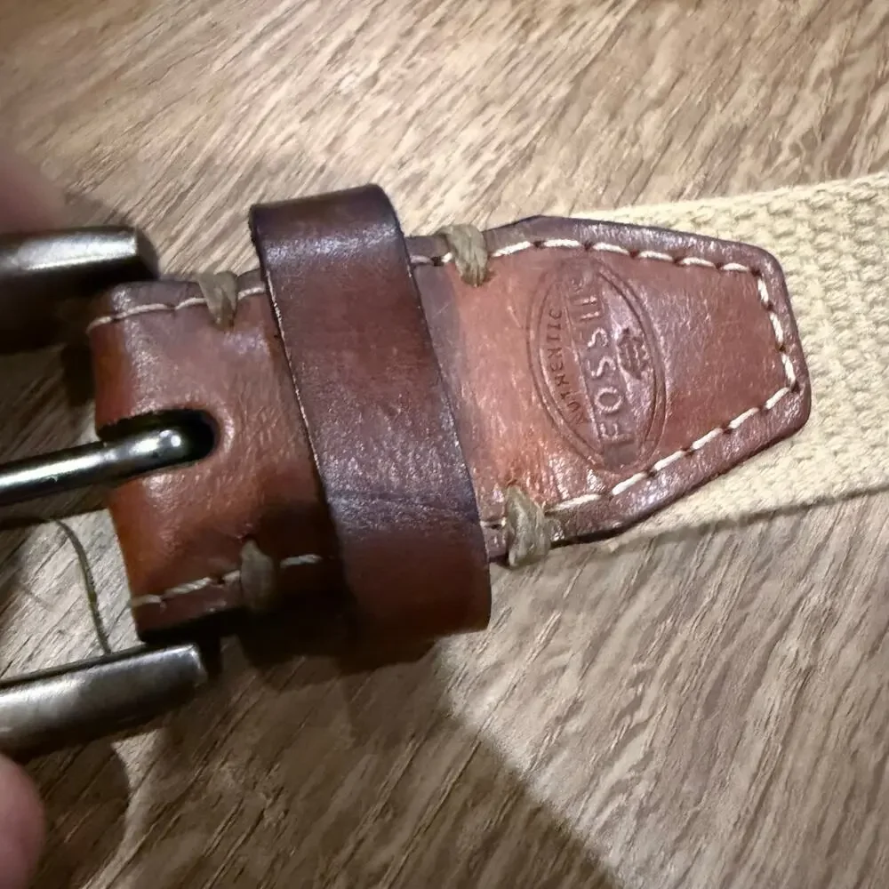 Vintage? Mens Fossil Beige Canvas Belt Silver-Tone Buckle Brown Leather -Size 34